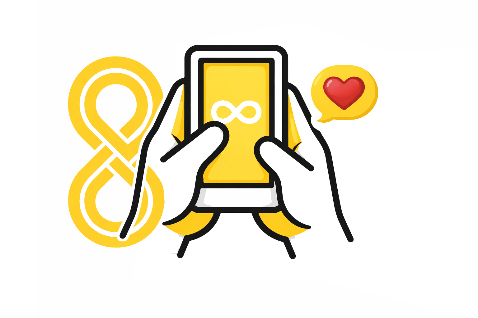 yellow smartphone with infinity symbol and heart