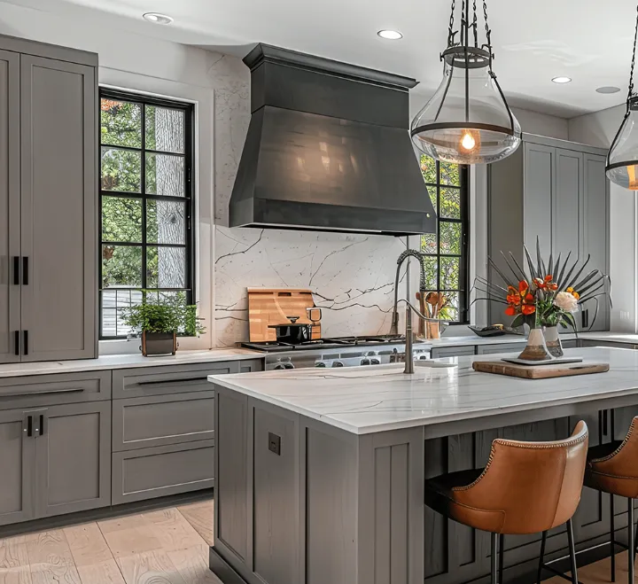 Grey kitchen with a granite-effect worktop